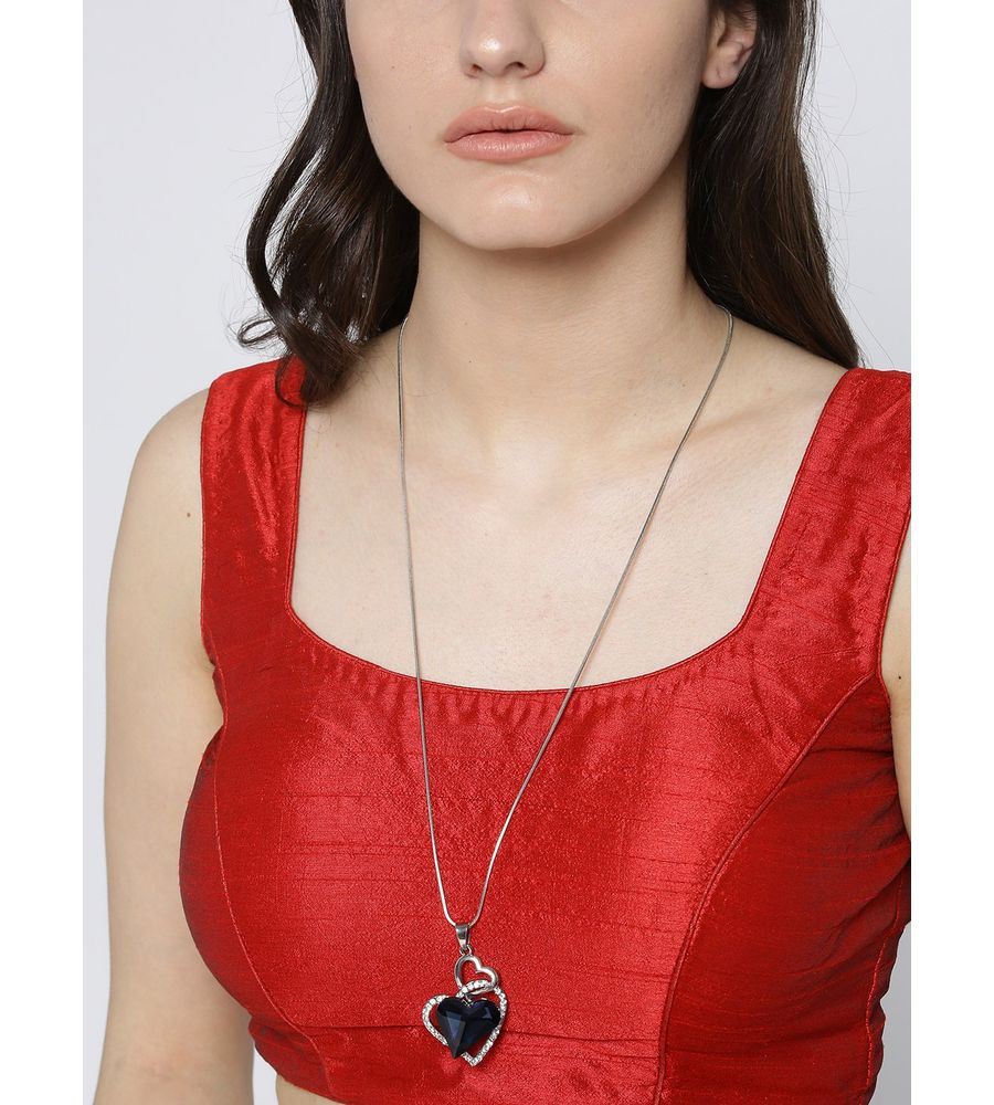 YouBella Blue Silver-Plated Heart-Shaped Stone-Studded Necklace